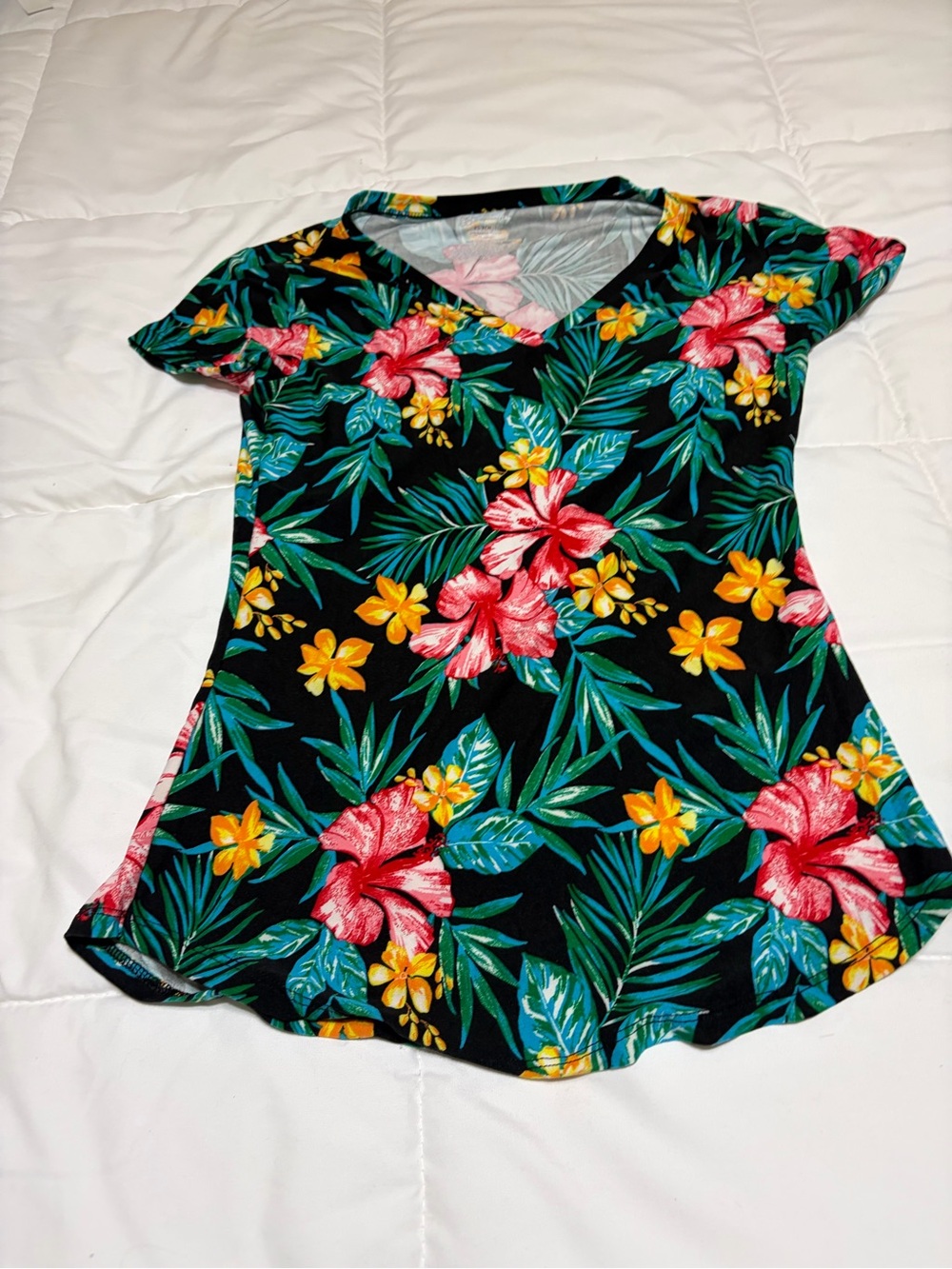 No Boundaries Black V-Neck Tee with Pink, Yellow & Green Floral Print